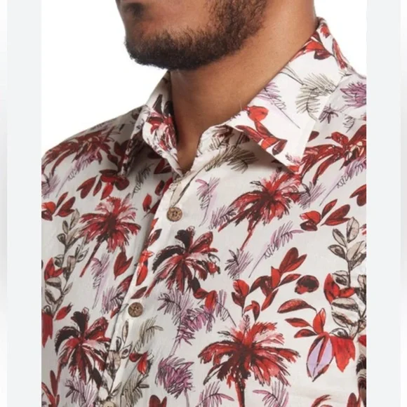 Ross & Gunn Italian 100% Cotton Hawaiian Print Short Sleeve Button-up Shirt - Picture 5 of 14